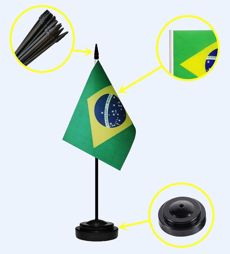 tibijoy Brazil Brazilian Deluxe Desk Flag Set, Small Mini Miniature Brazil Brazilian Table Desktop Flags With Solid Pole, Black Base and Spear Top(2 Pack) - Image 2